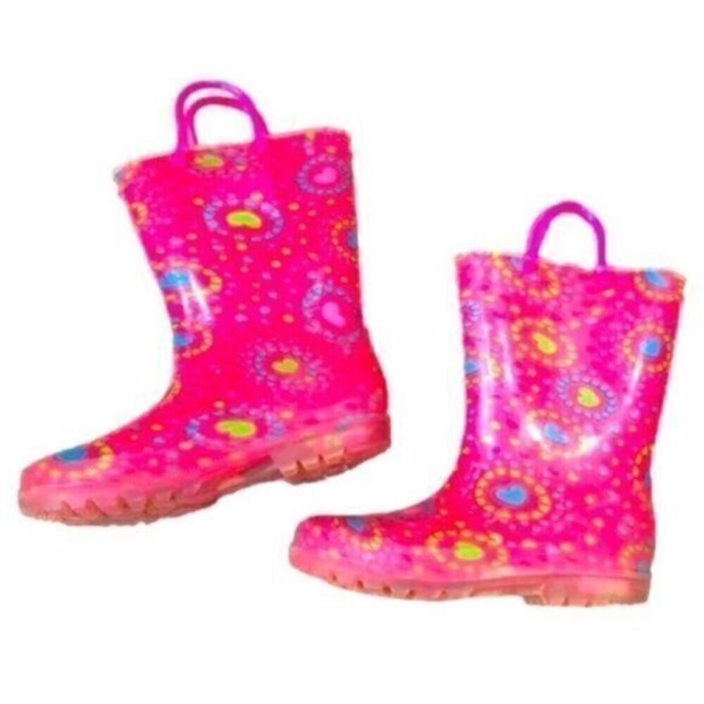 EUC - Girls Pink Rubber Rain Boots Hearts Graphic Pull Up Straps - Size 11/12 - Picture 6 of 8